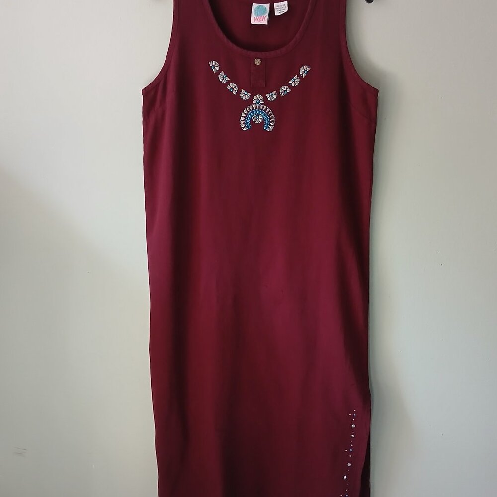 WEK Women's Size Medium Dress Long Red Sleeveless‎ 100%Cotton Slit Ribbed Jewel